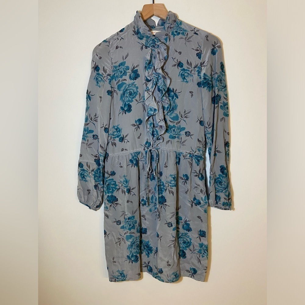 Rebecca Taylor Silk Dress Sz 2 Gray Blue Floral Ruffle Long Sleeve Mini